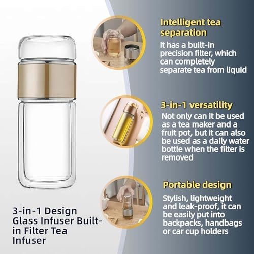 Glass Infuser Tea Cup, 3-in-1 Design with Built-in Filter, Double Layer Insulated Tea Bottle with Lid, Portable Loose Leaf Tea Steeper for Home Travel Office Use - Image 2