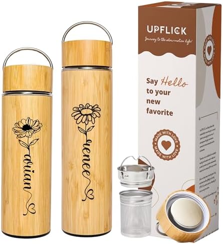 Custom Name Bamboo Tea Infuser 17 oz Tea Tumbler Infuser Bottle for Loose Tea Leaves, Tea Cup Travel Mug Stainless Steel Gift by UPFLICK