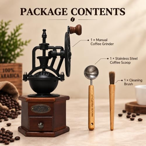 Vintage Manual Coffee Grinder with Cast Iron Ferris Wheel Hand Crank, Wooden Coffee Mill with Ceramic Burr, Adjustable Grind Size for Espresso, French Press, Pour Over, Home Barista Coffee Gift - Image 2