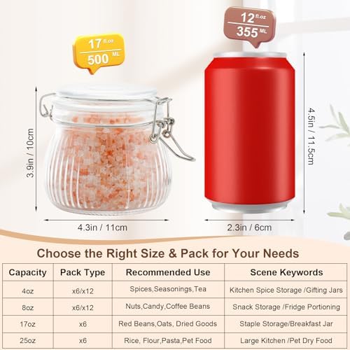 17oz Airtight Glass Jar with Lid, 6 Pack Clamp Lid Glass Storage Jars, Flip Top Food Storage Containers, Wide Mouth Thick Glass Jars for Yogurt Dessert Jam Sugar Snacks Pantry Kitchen Organization - Image 3
