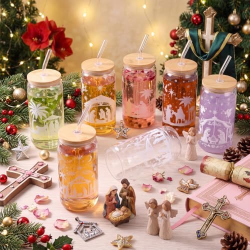 Fulmoon 6 Pcs 16 oz Nativity Scene Christmas Glass Cups with Lid and Straw - Image 6
