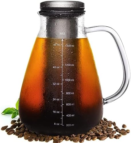 YMMIND Cold Brew Iced Coffee Maker 51oz, Brewed Coffee Pot with Removable Double Mesh 304 Stainless Steel Filter, BPA-Free Cold Brew Pitcher Glass Container, Tea Maker by YMMIND