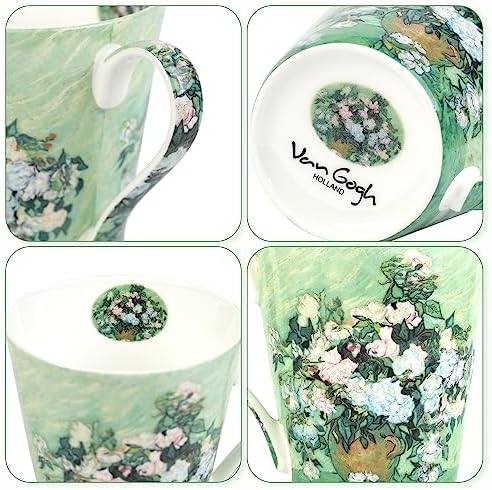 Coffee Mug Sets of 4, 12oz Bone China Porcelain Cups with Art Print Large Handle Dishwasher Microwave safe for Tea Cocoa or Hot Chocolate - Image 4