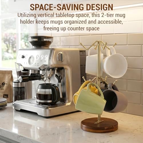 MyGift 2-Tier Brass-Tone Metal Wire Tabletop Mug Holder with Premium Acacia Wood Base, Coffee Cup Organizer Stand for Kitchen Countertops - Image 3