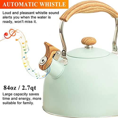 Vilihkc Tea Kettle 2.6 Liter Whistling Tea Kettle, Tea Pots for Stove Top Food Grade Stainless Steel with Wood Pattern Folding Handle, Loud Whistle Kettle for Tea, Coffee, Milk - Image 5