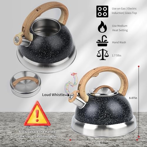 3 Quart Stainless Steel Whistling Tea Kettle – Natural Stone Finish Teapot with Cool-Touch Wood Handle, Loud Whistle & Rust-Resistant Base(black) - Image 3