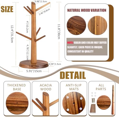 Coffee Mug Tree 6-Hook,Acacia Wood Mug Holder Countertop - Image 2