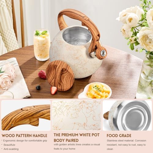 GGC Tea Kettle for Stove Top, Loud Whistling Kettle for Boiling Water Coffee or Milk, 3.1 Quart Stainless Steel Art Line White Pot with Wood Pattern Handle, Unique Button Control Outlet - Image 2