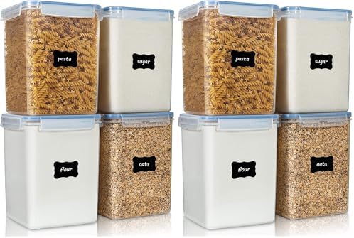 Vtopmart Large Food Storage Containers 5.2L / 175oz, 4 Pieces BPA Free Plastic Airtight Canisters for Flour, Sugar, Baking Supplies, Rice with Lids, 4 Measuring Cups and 24 Labels, Blue (Pack of 2) by Vtopmart