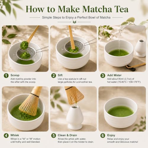 7PCS Matcha Set, Matcha Making Kit Includes Matcha Whisk and Bowl, Tea Lid, Scoop, Strainer and Match Whisk Holder, Tea Towel, Matcha Whisk Set for Matcha Lovers (Matte White Finish) - Image 5