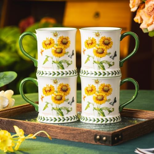 Pastoral Coffee Mug Set of 4-15.2 Oz Large Capacity Porcelain In-Glaze Cups for Tea, Latte, Cocoa - Dishwasher & Microwave Safe, Great Housewarming Gift-Sunflower - Image 3