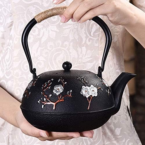 1100ml Antique Cast Iron Teapot With Insulation Handle, Chinese Plum Blossom Pattern Tetsubin Tea Kettle As Gift Black - Image 5