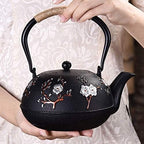 1100ml Antique Cast Iron Teapot With Insulation Handle, Chinese Plum Blossom Pattern Tetsubin Tea Kettle As Gift Black - Image 5