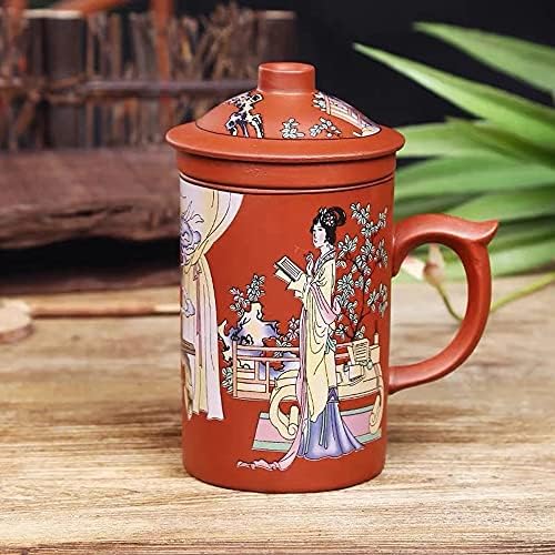 Ceramic Teacup, Chinese Hand Painted Purple Clay Tea Mug with Lid and Infuser, (13oz) Zisha Water Mug Drinkware for Office Home (red lady) by Honheam