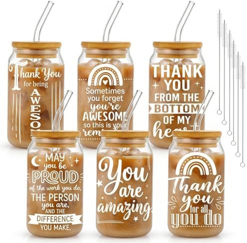 Glass Cups with Lids and Straws, 6Pack, 16oz, Inspirational by Culudea