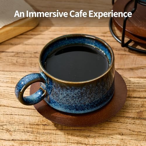 LUKA 6 Ounce Porcelain Stackable Espresso Cups with Saucers and Metal Stand Set of 4, Ceramic Cappuccino Cups Set for Specialty Coffee Drinks, Latte, Cafe Mocha and Tea, Reactive Blue - Image 4