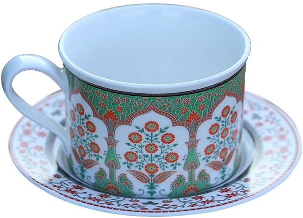 Turkish Ceramic Coffee Cups with Saucers Green Flower Tea Cups Set by Unknown