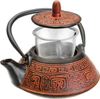 IBILI 40 Oz India Red Floral Cast Iron Teapot | Made in Spain | Stainless Steel Infuser, Enameled Interior, Stovetop & Induction Compatible, Japanese Kettle for Loose Leaf Tea, Tetsubin Design, Red by IBILI