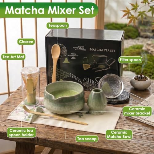 8-Piece Matcha Whisk Set with Bamboo Tools, Ceramic Bowl & Holder, Tea Sift - Image 3