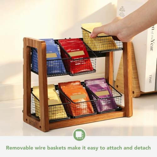 HTB 2 Tier Tea Organizer for Tea Bags with 6 Removable Metal Baskets - Image 3