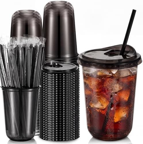Ziliny 50 Pack 16 Oz Black Plastic Cups with Lids and Straws, Iced Coffee by Ziliny