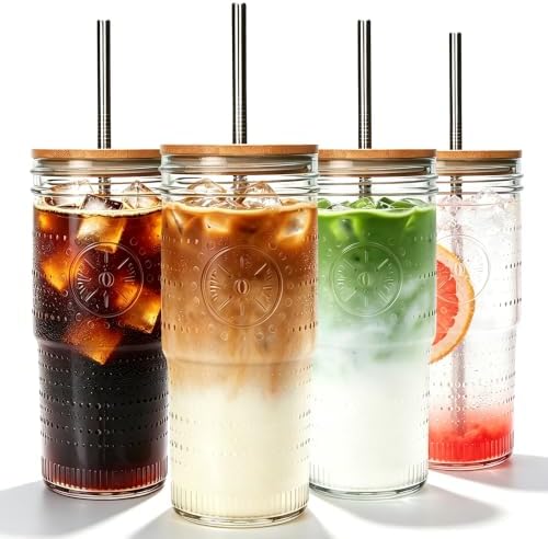 24 oz Glass Cups with Bamboo Lids and Straws,Glass Iced Coffee Tumbler by Encheng