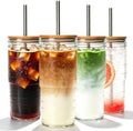 24 oz Glass Cups with Bamboo Lids and Straws,Glass Iced Coffee Tumbler by Encheng