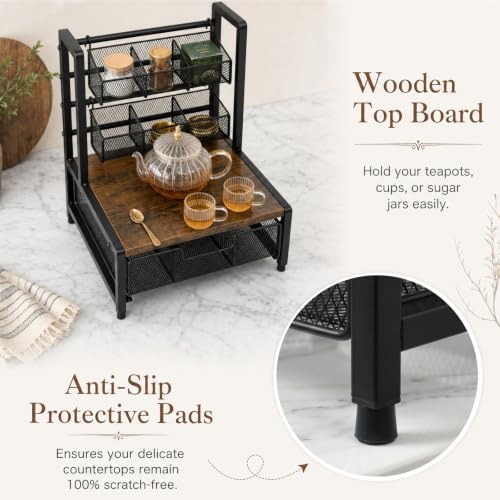 3 Tier Coffee Station Organizer with Drawer and Hanging Baskets, Wood & Metal Large Capcity Coffee Bar Organizer for K Cups, Coffee Pods, Tea Bags, Sugar Packets, Countertop Storage Rack - Image 5