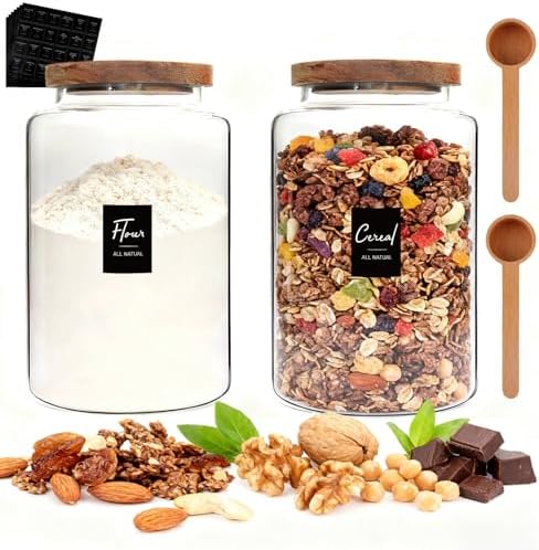 Glass Storage Jar with Bamboo Lids Spoons Glass Coffee Canister Borosilicate Glass Food Container for Coffee Beans Nut Pasta Sugar Candy Spice Rice Loose Tea (2800/94oz-2pack) by Foyofly