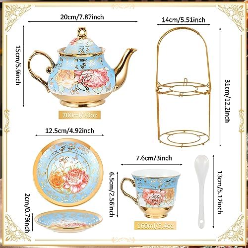 Zhehao 20 Pcs Porcelain Tea Set for Adult, with Metal Holder, Simplicity - Image 2