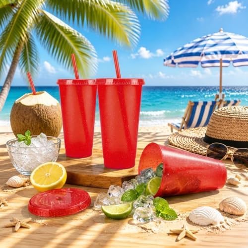 24 Pcs Red Tumblers with Straw & Lid - 24oz Coffee Cups - Image 4