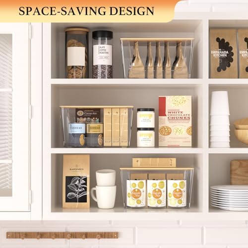CiWiVOKi 6 Pack Clear Stackable Storage Bins with Bamboo Lids, Trash Bag Holder Dispenser Under Sink Organizer for 4-13 Gal Bags, Plastic Storage Containers for Pantry Bathroom Kitchen Organization - Image 5