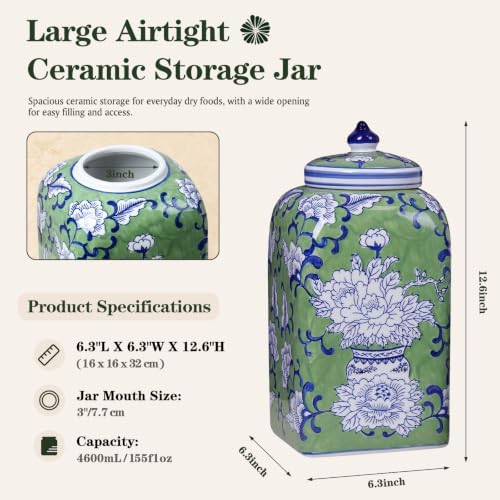 12.5" H Ceramic Kitchen Canisters for Countertop, Tea & Coffee Bean Storage Canister with Airtight Lid, Hand-painted Chinoiserie Decor Ginger Jar for Home Decor, 155 fl oz - Green Peony - Image 2