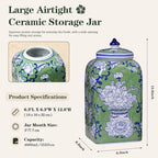 12.5" H Ceramic Kitchen Canisters for Countertop, Tea & Coffee Bean Storage Canister with Airtight Lid, Hand-painted Chinoiserie Decor Ginger Jar for Home Decor, 155 fl oz - Green Peony - Image 2