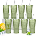 8 Set Vintage Tumbler with Lid and Straw, Iced Coffee Cup, Green by Acellegic