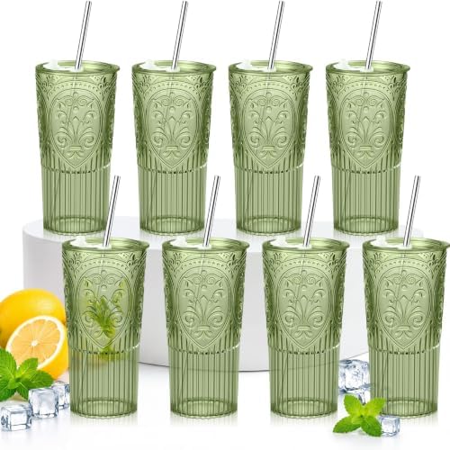 8 Set Vintage Tumbler with Lid and Straw, Iced Coffee Cup, Green by Acellegic
