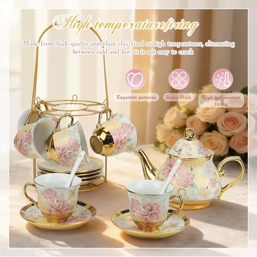 20 Pcs Porcelain Tea Set with Metal Holder and Spoon, European Ceramic Tea Set for Adults, European Flower Painting Teapot Cup Saucer Spoon Set for 6, Gift Pack (Pink and Gold) - Image 2