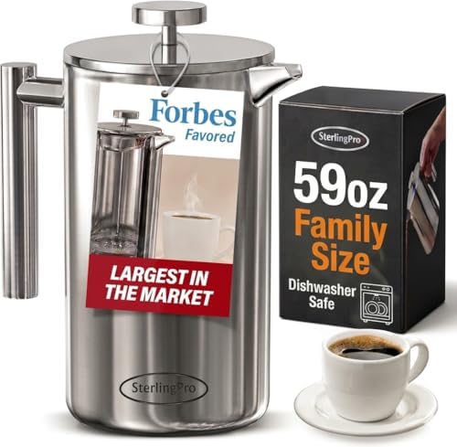SterlingPro 1.75 L 59 oz Mirror Extra Large French Press Coffee Maker and 2 Pack Replacement Screens Bundle Stainless Steel Double Wall Insulated for Tea and Coffee - Image 2