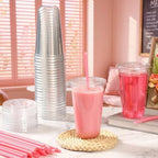 Ziliny 50 Sets 18 oz Clear Plastic Cups with Heart Shaped Straws and Lids - Image 3