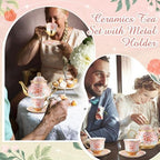 Zhehao 20 Pcs Porcelain Tea Set for Adult, with Metal Holder, Pink - Image 6