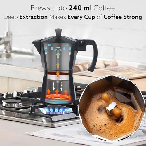 Classic Moka Pot, Stovetop, Espresso Coffee Maker, 240 Ml, Premium Aluminium Built, Italian Style Mocha, Cuban Café Brewing, Black - Image 2