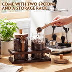 Suclain Glass Coffee Grounds Container with Shelf 2 x 29 oz Glass Coffee Bean Storage Canisters with Airtight Thread Lid and Measuring Spoon for Kitchen Sugar(Novel Style, Wood) - Image 3