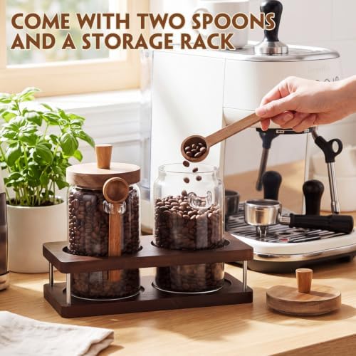 Suclain Glass Coffee Grounds Container with Shelf 2 x 29 oz Glass Coffee Bean Storage Canisters with Airtight Thread Lid and Measuring Spoon for Kitchen Sugar(Novel Style, Wood) - Image 3