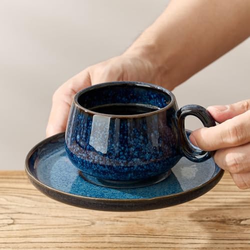 LUKA 7.77 oz Ceramic Cappuccino Cups with Saucers and Metal Stand, Set of 4 Large Unique Porcelain Coffee Cup for Latte, Cafe Mocha, Tea, Espresso, Dishwasher Safe, Reactive Glaze Bule - Image 6