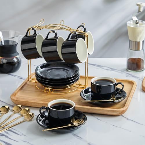 YOLIFE 4 OZ Porcelain Espresso Cups Set with Saucers and Foldable Stand - Image 4