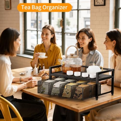 Tea Bag Organizer, Tea Bag Holder with Drawer, Wood and Metal Tea Organizers and Storage Chest for Countertop Kitchen, Office, Black - Image 3