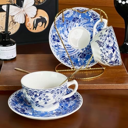 Blue and White Porcelain Coffee Cup and Saucer Set - Image 6