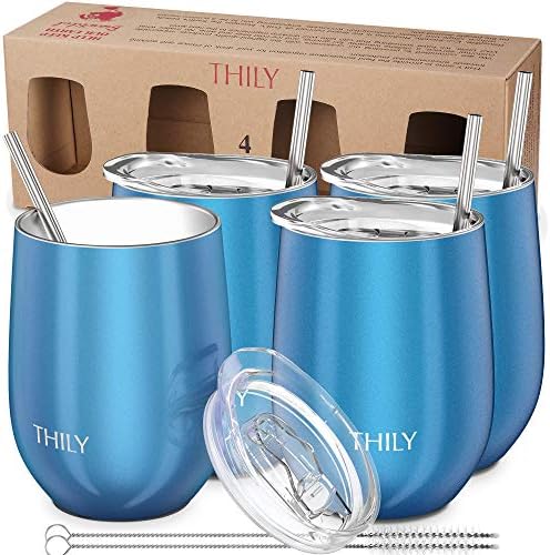 THILY Stainless Steel Stemless Wine Glasses 4 Pack Triple Vacuum Insulated Cute Wine Tumbler Set Travel Cups with Lid, Reusable Straw, 12 oz, Keep Cold for Beer, Cocktails, Party, Sparkle Blue by THILY