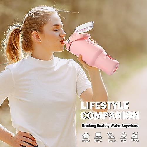 BLUEGO 40oz Glass Tumbler with Lid and Straw, Glass Water Bottles with Handle, Glass Cup with Time Marker and Silicone Sleeve, Fits Most Cup Holder, Leak-proof, Pink - Image 6