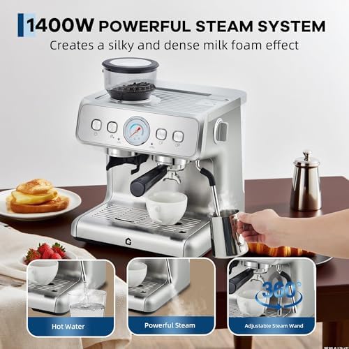 Stainless Steel Rich Coffee Machine w/Built-in Grinder – 20 Bar, 2.8l Removable Tank, Milk Frother Steam Wand for Latte & Cappuccino, Adjustable Shot Volume, Pro for Home Barista & Office - Image 4